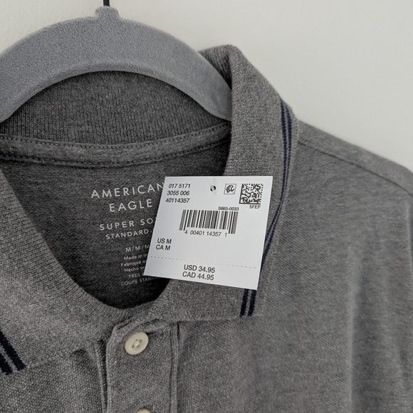 NWT American Eagle Long-Sleeve Polo Shirt Super Soft Standard Fit Grey - Picture 7 of 15